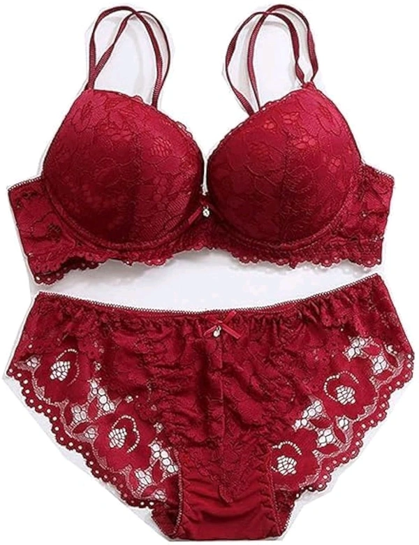 Premium Women's Padded Bra Penty Set | Net Fabric Padded Underwire Undergarments Set Lingerie | Push-Up Underbody Polyamide Set for Women - Maroon, 34A
