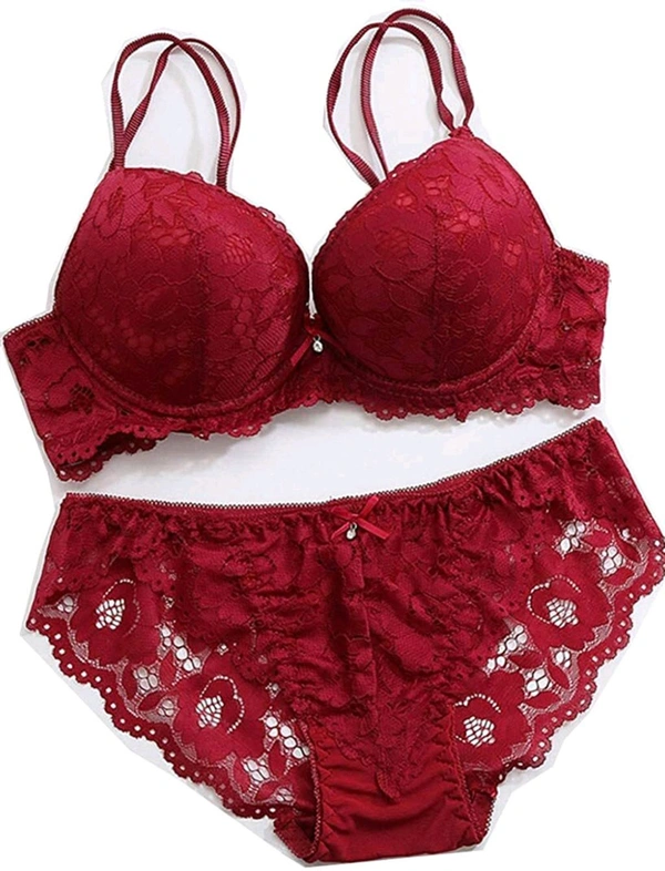 Premium Women's Padded Bra Penty Set | Net Fabric Padded Underwire Undergarments Set Lingerie | Push-Up Underbody Polyamide Set for Women - Maroon, 34A