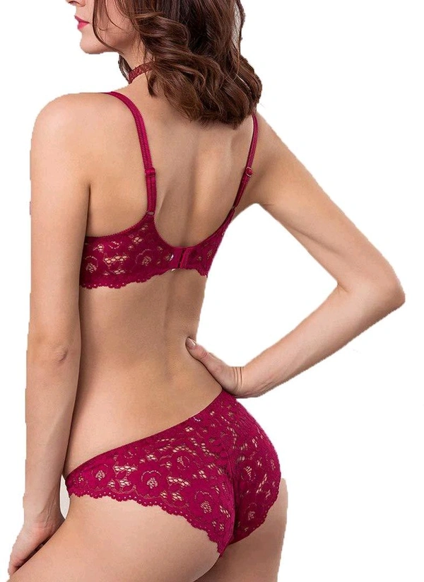 Premium Women's Padded Bra Penty Set | Net Fabric Padded Underwire Undergarments Set Lingerie | Push-Up Underbody Polyamide Set for Women - Maroon, 34A