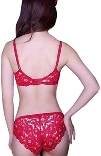 Premium Women's Padded Bra Penty Set | Net Fabric Padded Underwire Undergarments Set Lingerie | Push-Up Underbody Polyamide Set for Women - Red, 34A