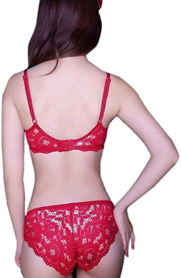 Premium Women's Padded Bra Penty Set | Net Fabric Padded Underwire Undergarments Set Lingerie | Push-Up Underbody Polyamide Set for Women - Red, 34A