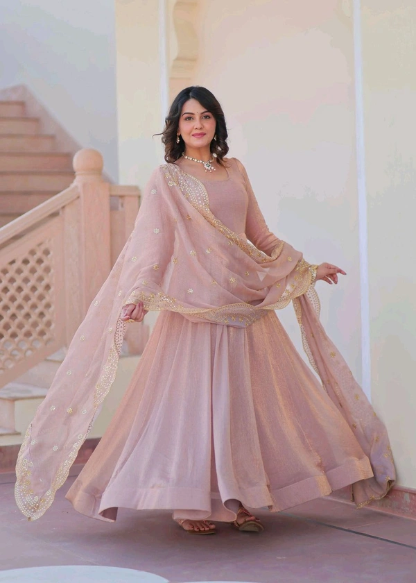 Shiny Dark Beige Designer Fendi Chiffon Gown With Embroidery Work Dupatta
- Rosy Brown, M