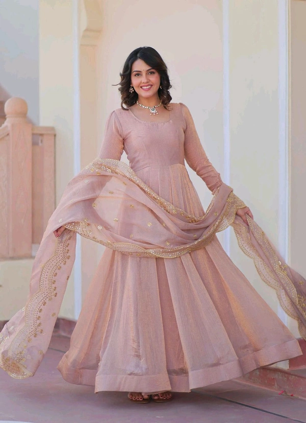 Shiny Dark Beige Designer Fendi Chiffon Gown With Embroidery Work Dupatta
- Rosy Brown, M