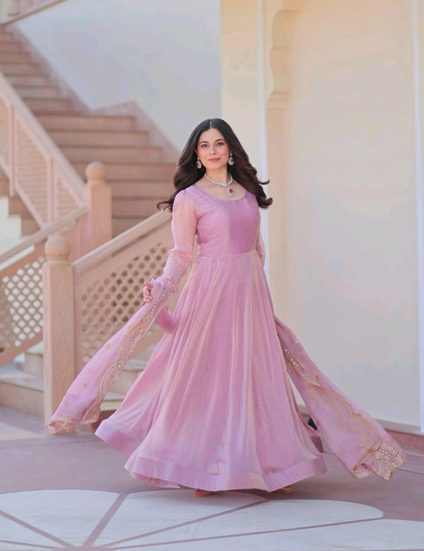 Shiny Dark Beige Designer Fendi Chiffon Gown With Embroidery Work Dupatta
- purple dargon, XXL