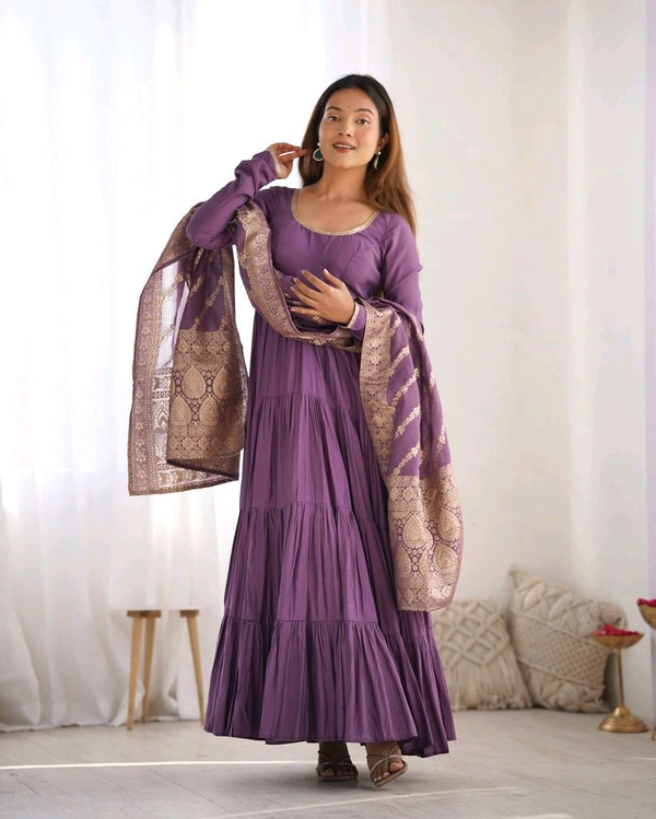 Pista Silk Gown With Jacquard Banarasi Dupatta - plum purple, L