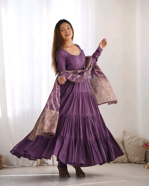 Pista Silk Gown With Jacquard Banarasi Dupatta - plum purple, L