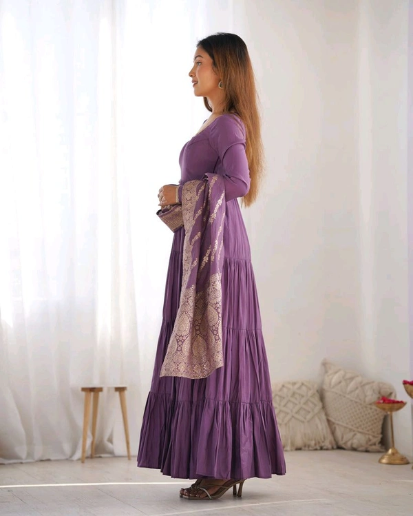 Pista Silk Gown With Jacquard Banarasi Dupatta - plum purple, L