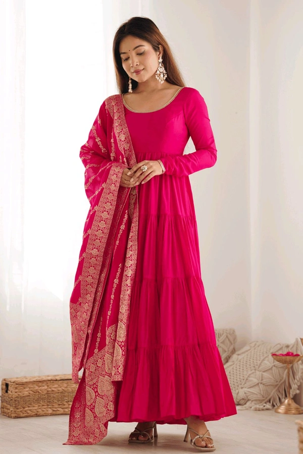 Pista Silk Gown With Jacquard Banarasi Dupatta - Lipstick Red, XS