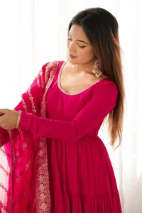 Pista Silk Gown With Jacquard Banarasi Dupatta - Lipstick Red, XS