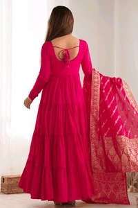 Pista Silk Gown With Jacquard Banarasi Dupatta - Lipstick Red, XS