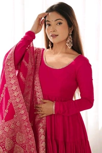 Pista Silk Gown With Jacquard Banarasi Dupatta - Lipstick Red, XXL