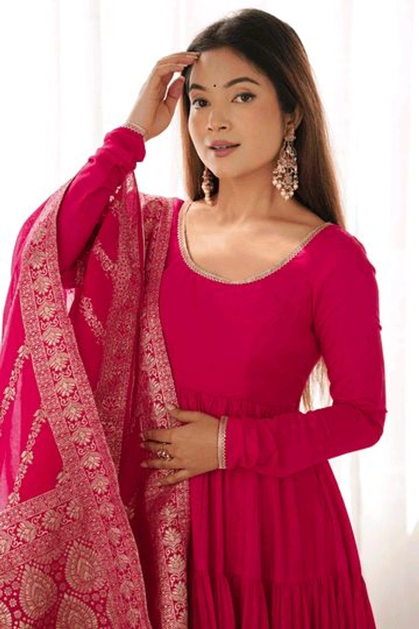 Pista Silk Gown With Jacquard Banarasi Dupatta - Lipstick Red, XXL