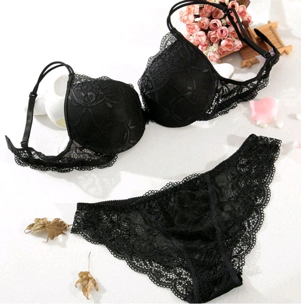 Bra & Panty Set Embroidered Black Lingerie Set - Black, 30B