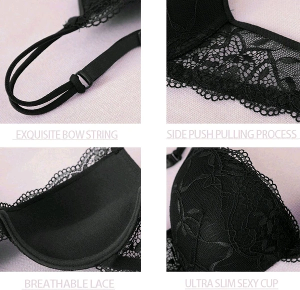 Bra & Panty Set Embroidered Black Lingerie Set - Black, 38A