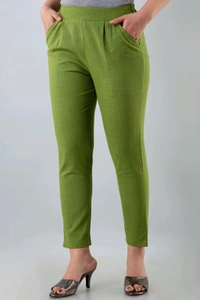 Women Relaxed Brown Pure Cotton Trousers - Green, 36