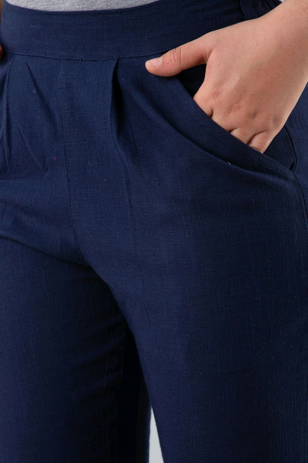 Women Relaxed Brown Pure Cotton Trousers - Navy Blue, 34