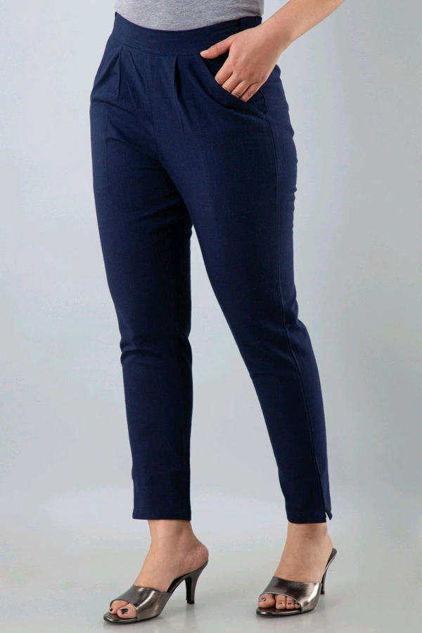 Women Relaxed Brown Pure Cotton Trousers - Navy Blue, 36