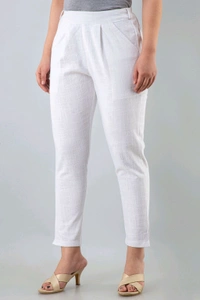 Women Relaxed Brown Pure Cotton Trousers - White, 30