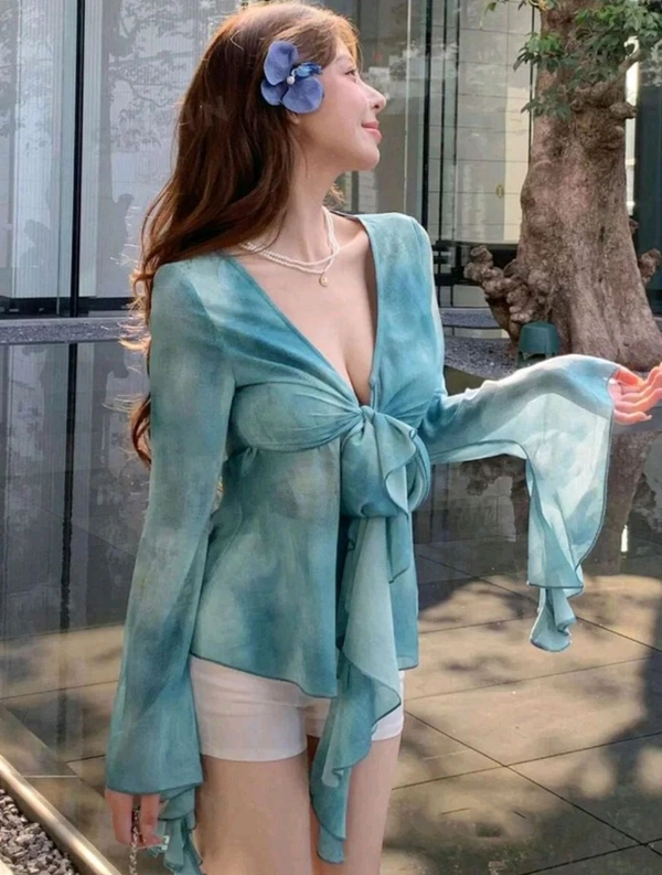 Women Long Sleeves V Neck Print Georgette Top - Smalt Blue, L