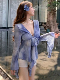 Women Long Sleeves V Neck Print Georgette Top - Manatee, L