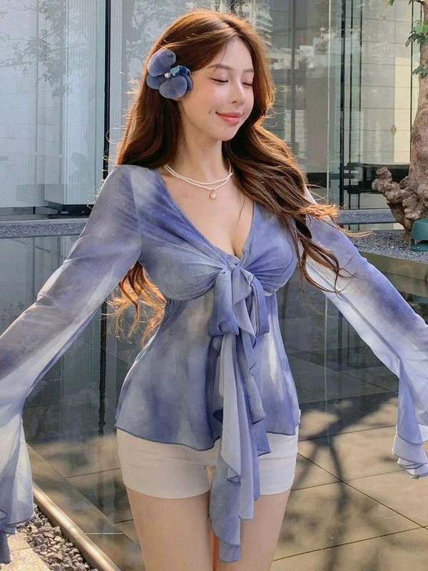 Women Long Sleeves V Neck Print Georgette Top - Manatee, L