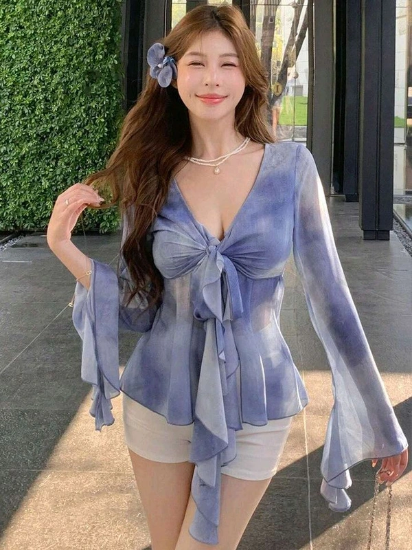 Women Long Sleeves V Neck Print Georgette Top - Manatee, L