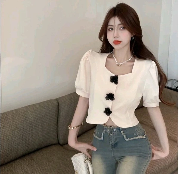 Casual Puff Sleeves Solid Women Beige Top - Soft Amber, M