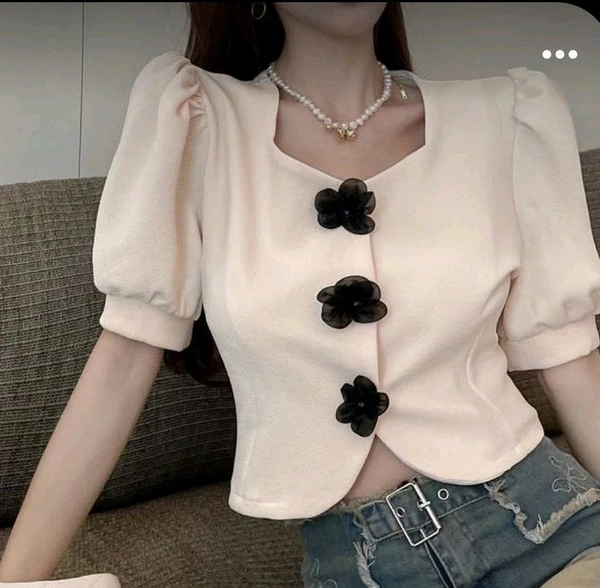 Casual Puff Sleeves Solid Women Beige Top - Soft Amber, S