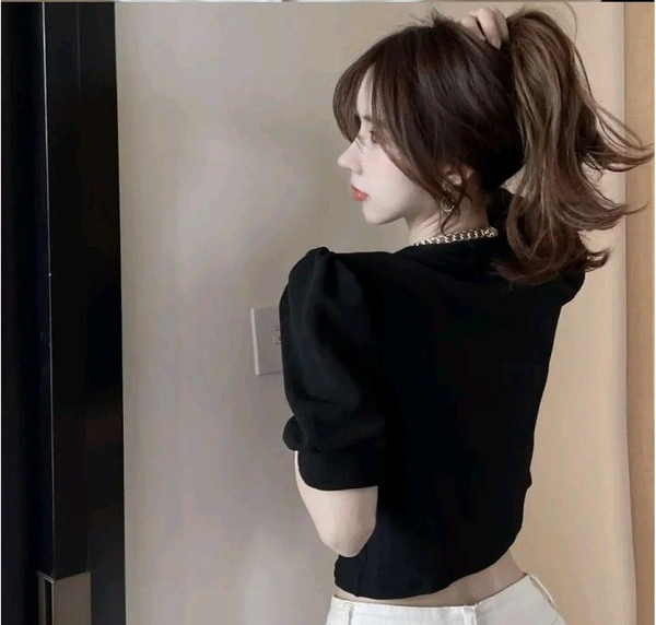 Casual Puff Sleeves Solid Women Beige Top - Black, S