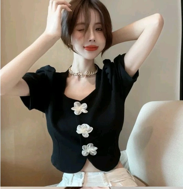 Casual Puff Sleeves Solid Women Beige Top - Black, S