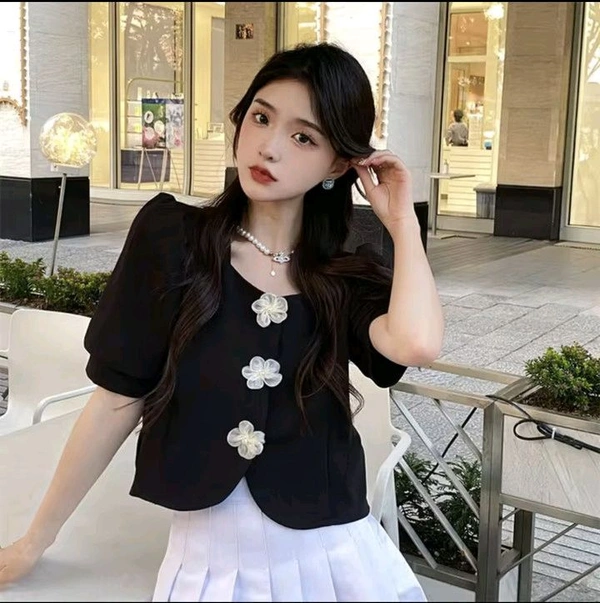 Casual Puff Sleeves Solid Women Beige Top - Black, XL