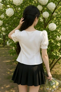 Casual Puff Sleeves Solid Women Beige Top - White, XL