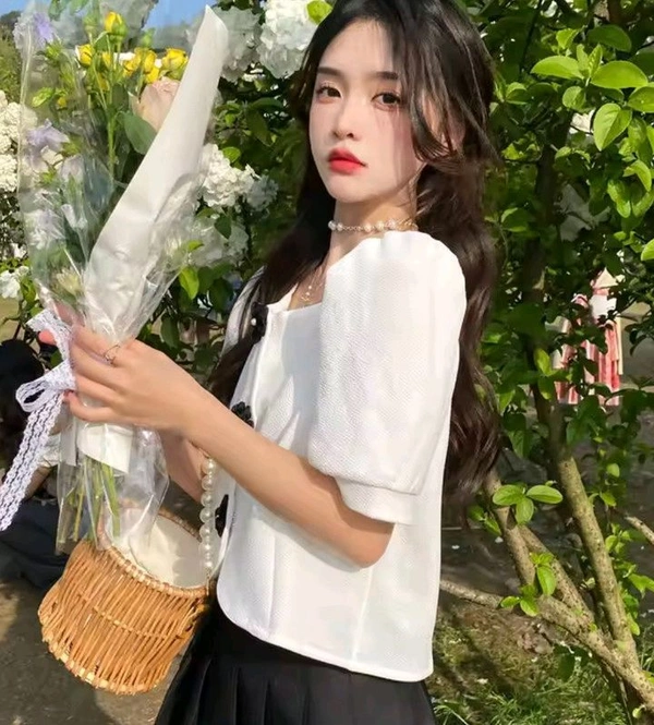 Casual Puff Sleeves Solid Women Beige Top - White, XL