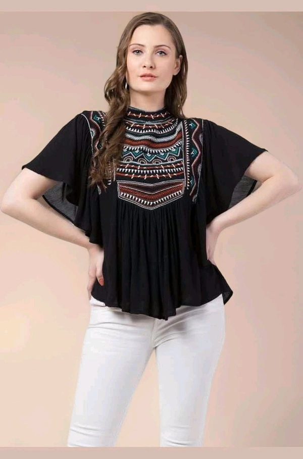 Women's Casual Flared Sleeve Embroidered Riyon Latest Stylish Western Top (M, Black.Kaptan) - Black, L