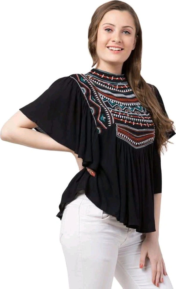 Women's Casual Flared Sleeve Embroidered Riyon Latest Stylish Western Top (M, Black.Kaptan) - Black, L