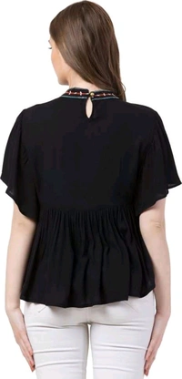 Women's Casual Flared Sleeve Embroidered Riyon Latest Stylish Western Top (M, Black.Kaptan) - Black, S