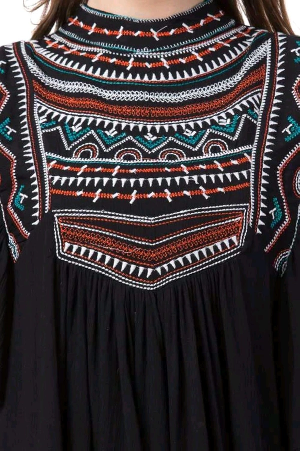 Women's Casual Flared Sleeve Embroidered Riyon Latest Stylish Western Top (M, Black.Kaptan) - Black, S