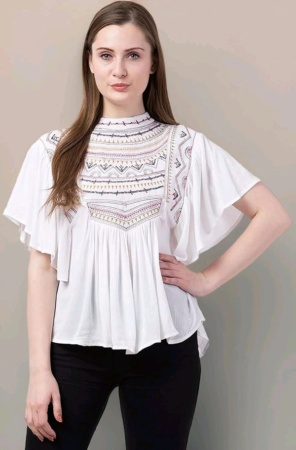 Women's Casual Flared Sleeve Embroidered Riyon Latest Stylish Western Top (M, Black.Kaptan) - White, L