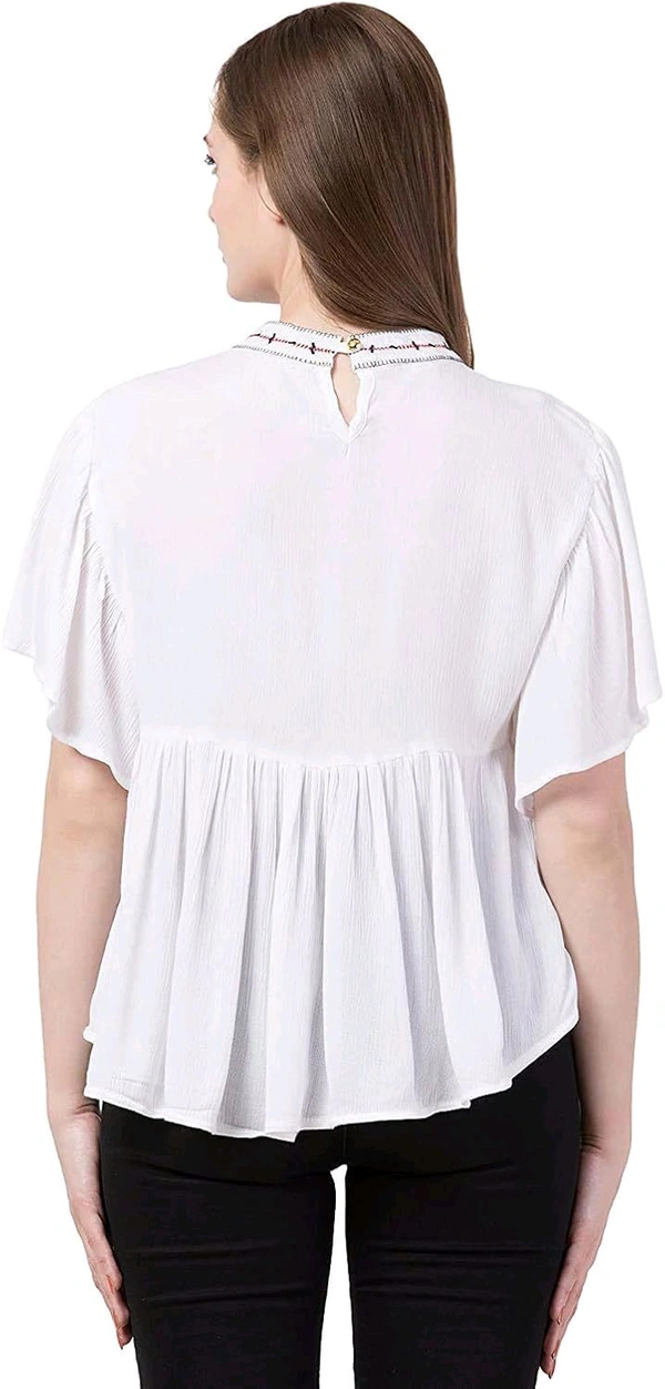 Women's Casual Flared Sleeve Embroidered Riyon Latest Stylish Western Top (M, Black.Kaptan) - White, L