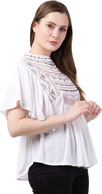 Women's Casual Flared Sleeve Embroidered Riyon Latest Stylish Western Top (M, Black.Kaptan) - White, L