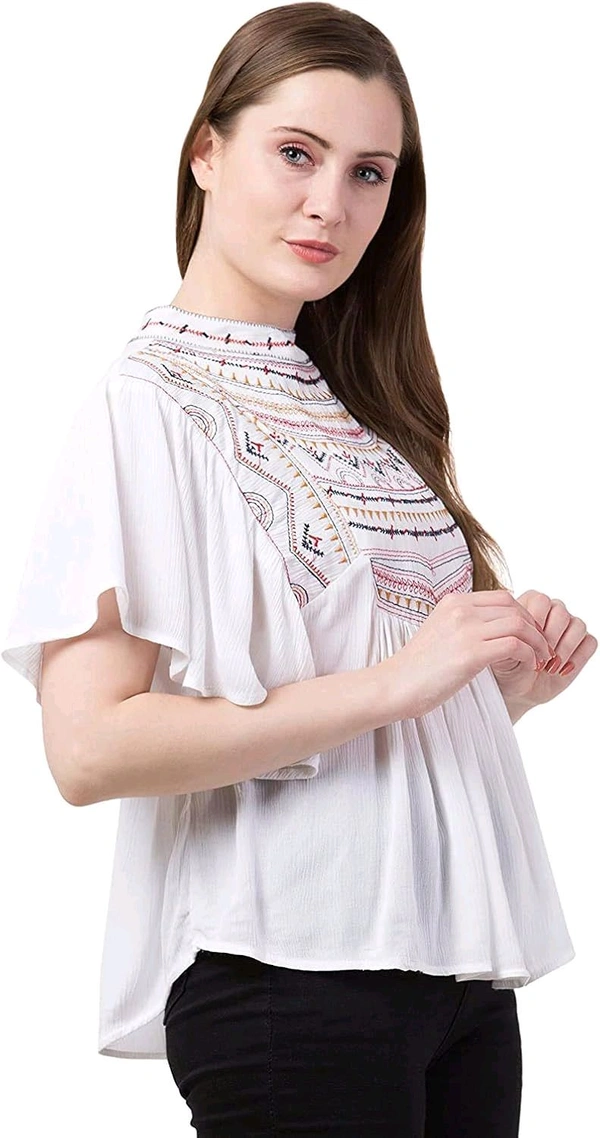 Women's Casual Flared Sleeve Embroidered Riyon Latest Stylish Western Top (M, Black.Kaptan) - White, L