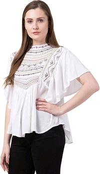 Women's Casual Flared Sleeve Embroidered Riyon Latest Stylish Western Top (M, Black.Kaptan) - White, L