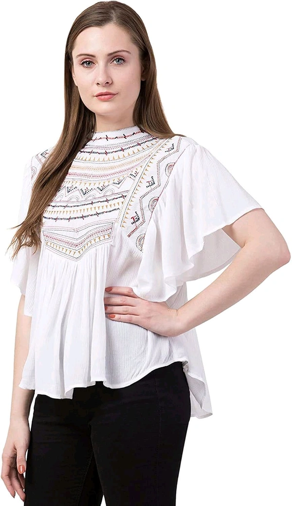 Women's Casual Flared Sleeve Embroidered Riyon Latest Stylish Western Top (M, Black.Kaptan) - White, L