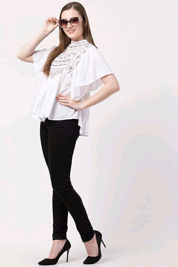 Women's Casual Flared Sleeve Embroidered Riyon Latest Stylish Western Top (M, Black.Kaptan) - White, L