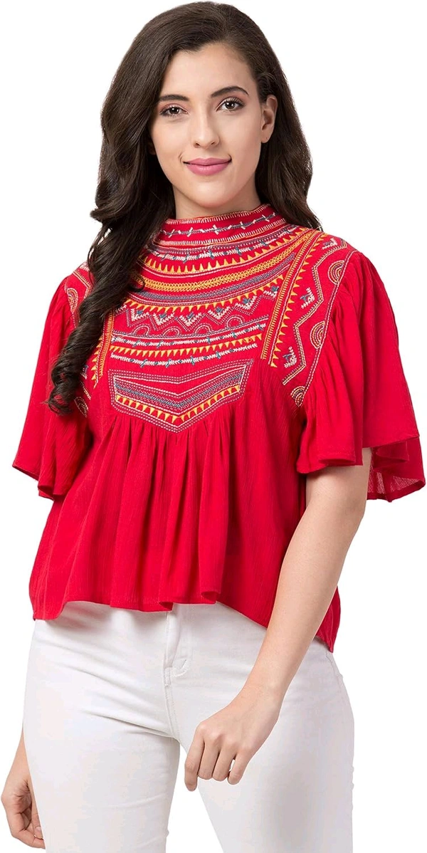 Women's Casual Flared Sleeve Embroidered Riyon Latest Stylish Western Top (M, Black.Kaptan) - Red Ribbon, XXL