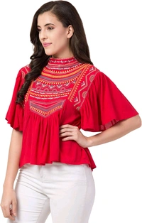 Women's Casual Flared Sleeve Embroidered Riyon Latest Stylish Western Top (M, Black.Kaptan) - Red Ribbon, XXL
