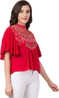 Women's Casual Flared Sleeve Embroidered Riyon Latest Stylish Western Top (M, Black.Kaptan) - Red Ribbon, XXL