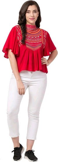 Women's Casual Flared Sleeve Embroidered Riyon Latest Stylish Western Top (M, Black.Kaptan) - Red Ribbon, XXL
