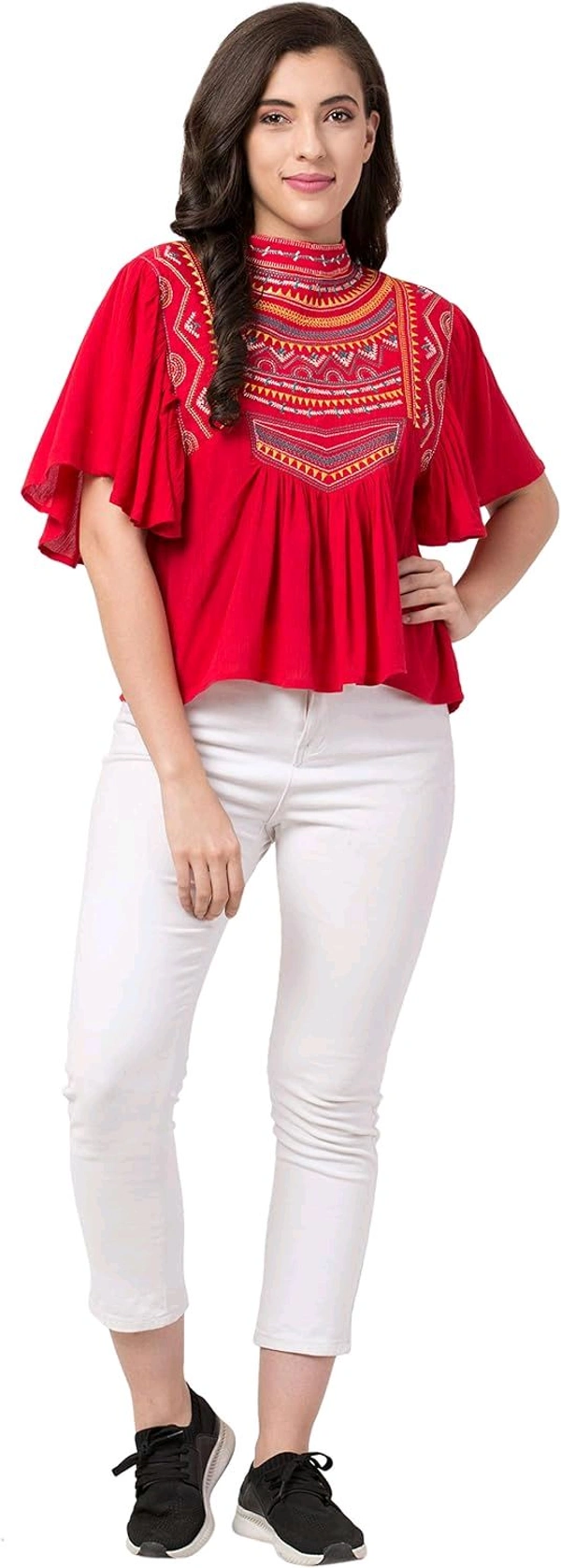 Women's Casual Flared Sleeve Embroidered Riyon Latest Stylish Western Top (M, Black.Kaptan) - Red Ribbon, XXL