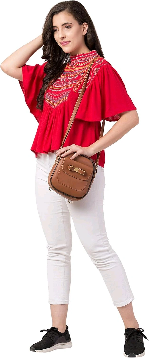 Women's Casual Flared Sleeve Embroidered Riyon Latest Stylish Western Top (M, Black.Kaptan) - Red Ribbon, XXL